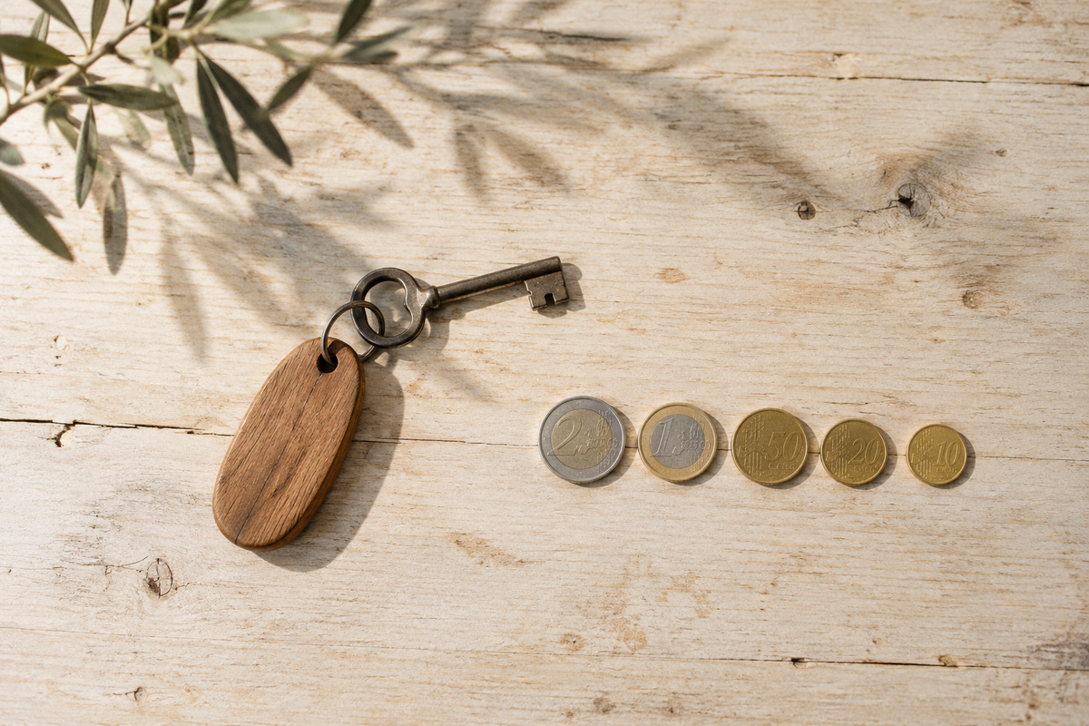Alter Schlüssel mit Holzanhänger und Euro-Münzen auf einem Holztisch einer Finca – Ecotasa, die Touristensteuer auf Mallorca