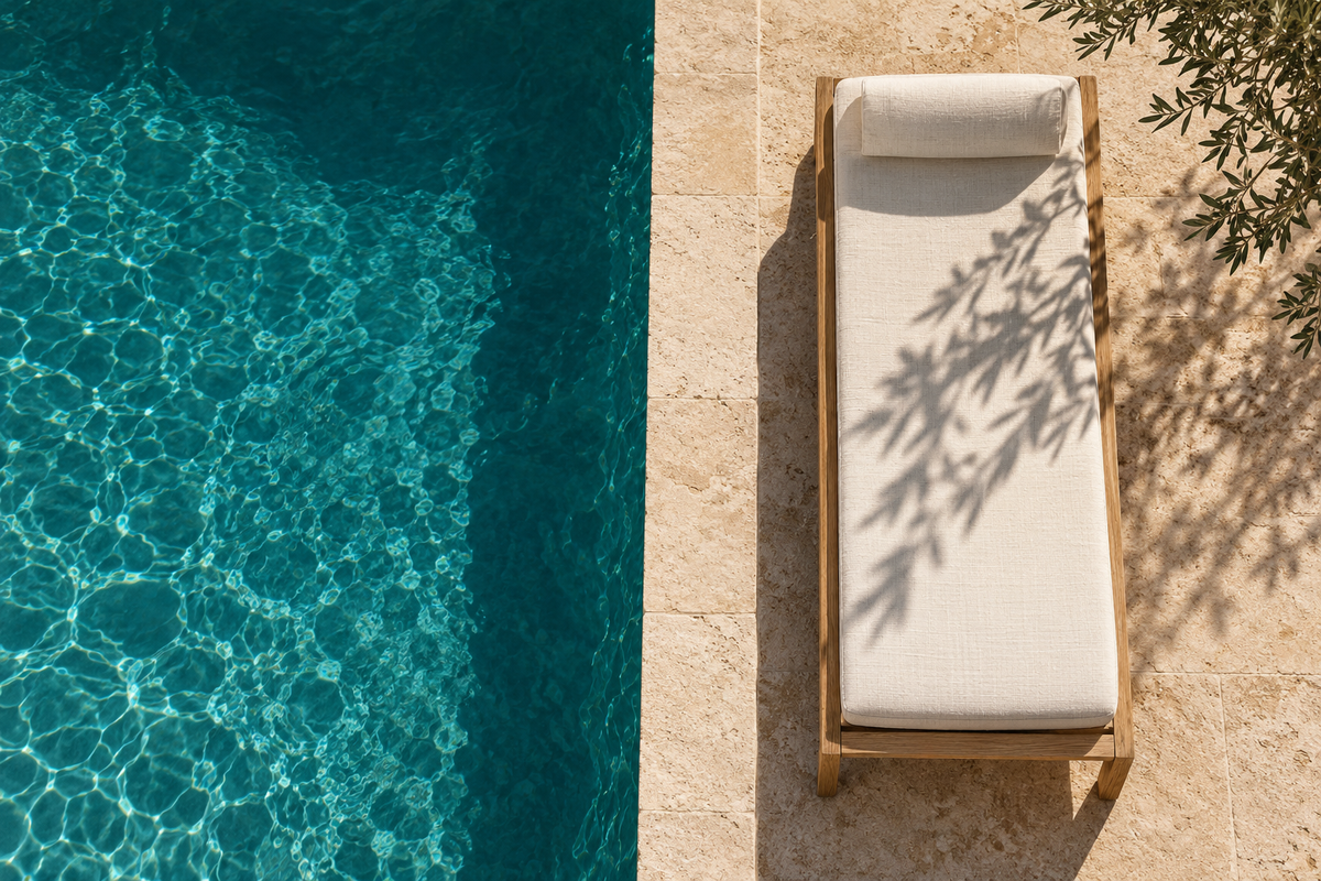 Eine einzelne Sonnenliege am privaten Pool einer Finca auf Mallorca, von oben fotografiert, mit dem Schatten eines Olivenzweigs.