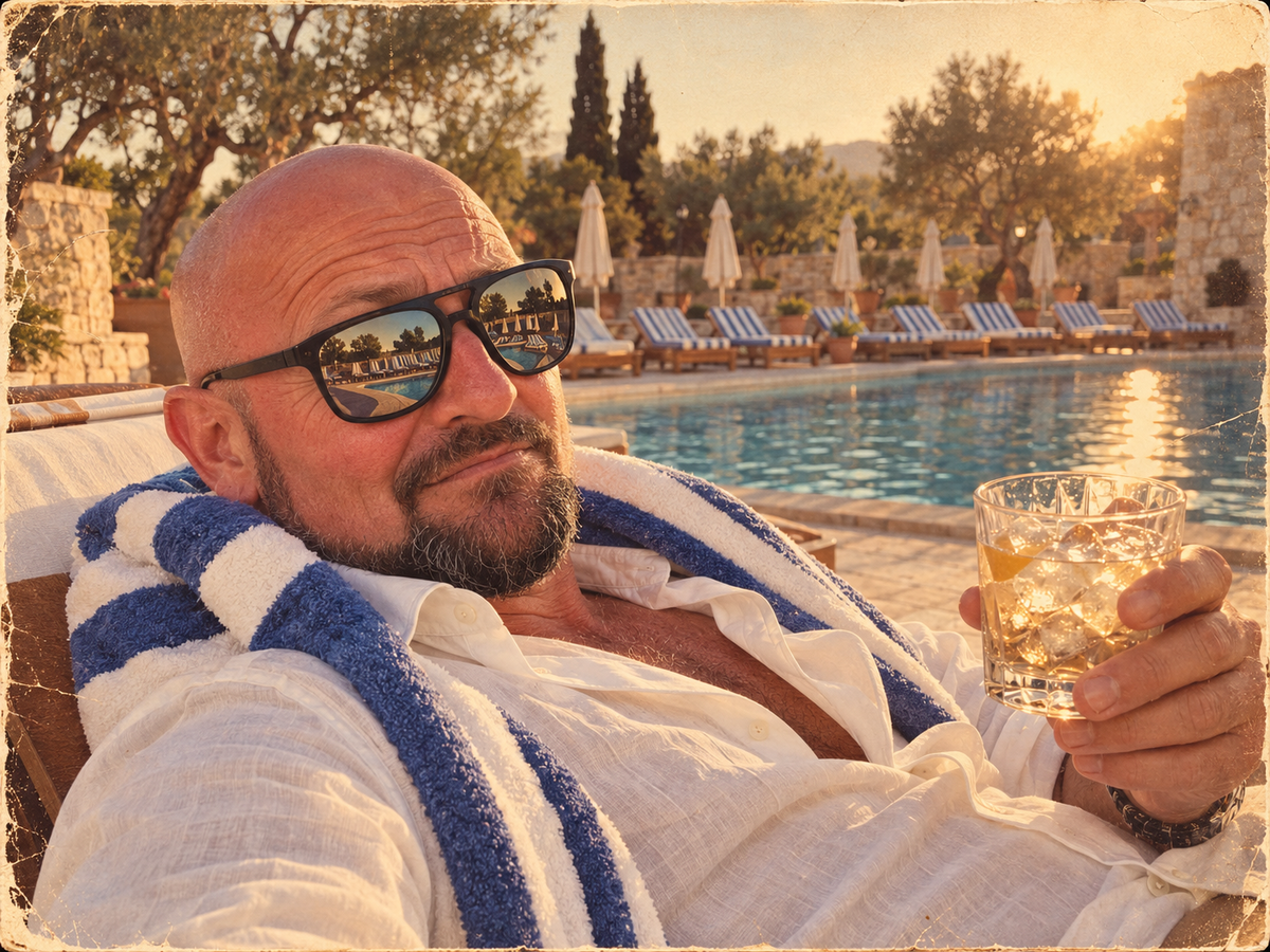 Gassi auf einer Poolliege mit gestreiftem Handtuch und Drink, in seiner Sonnenbrille spiegeln sich die Liegen