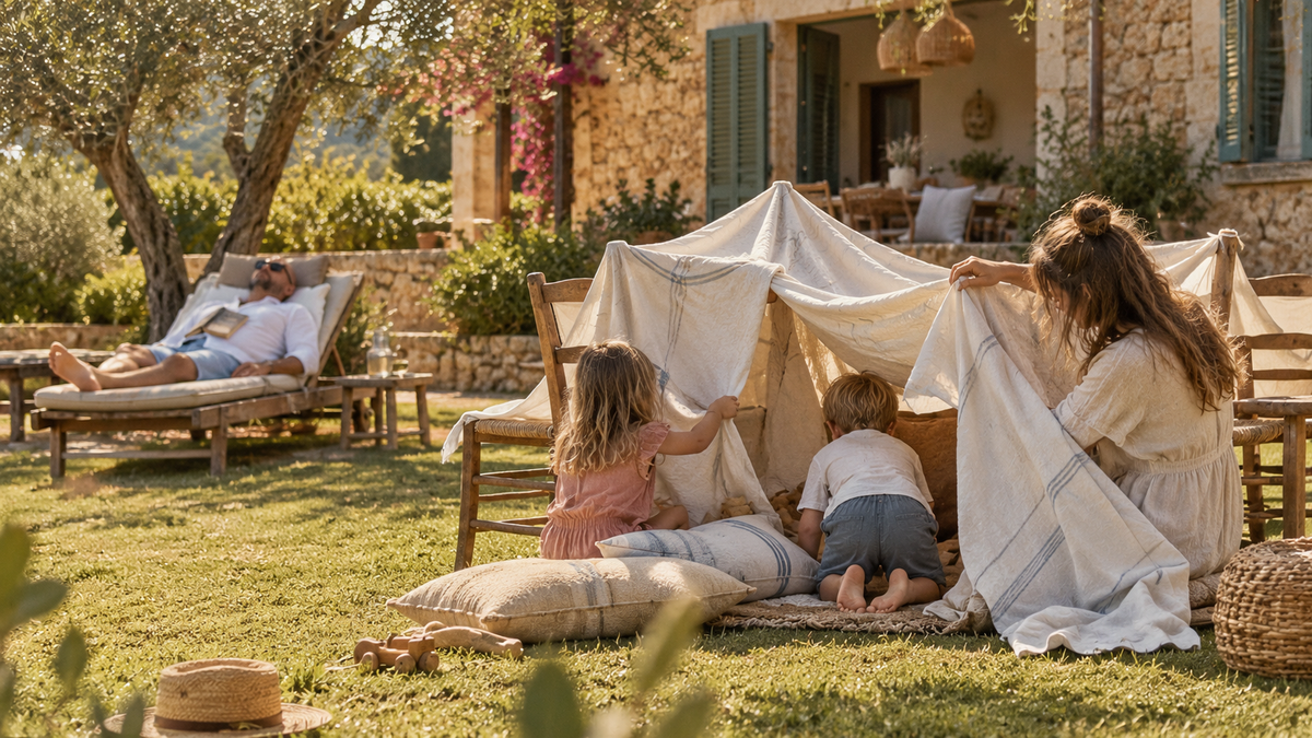 Yoga im Baumstand unter Olivenbäumen auf der Terrasse einer Finca auf Mallorca, im Hintergrund Berge und Meer