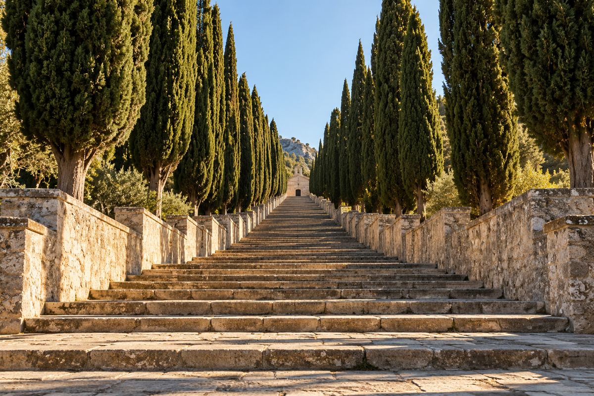 Die von Zypressen gesäumte Steintreppe zum Kalvarienberg in Pollença, symmetrisch von unten fotografiert.