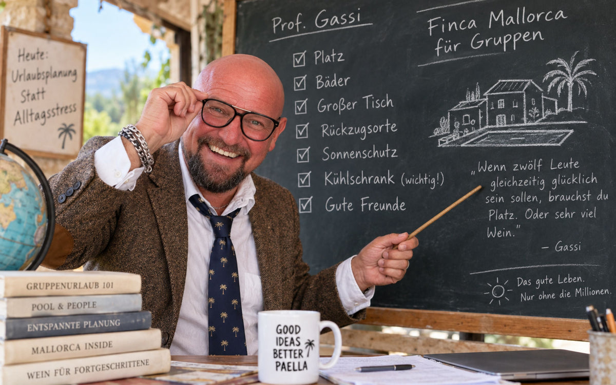 Gassi als PRofessor vor einer Schultafel auf der steht, wie man Gruppenreisen organisiert