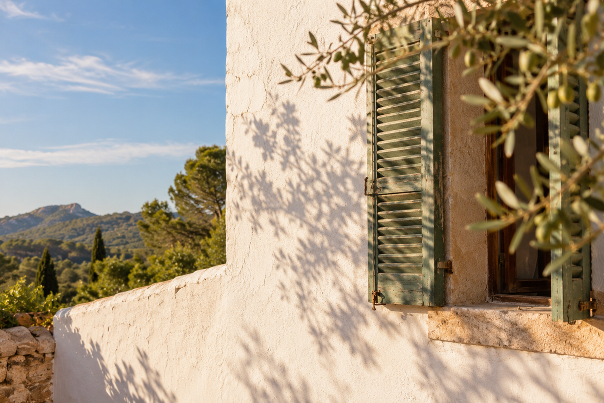Kalkweiße Finca-Mauer mit Fensterladen im Nachmittagslicht auf Mallorca