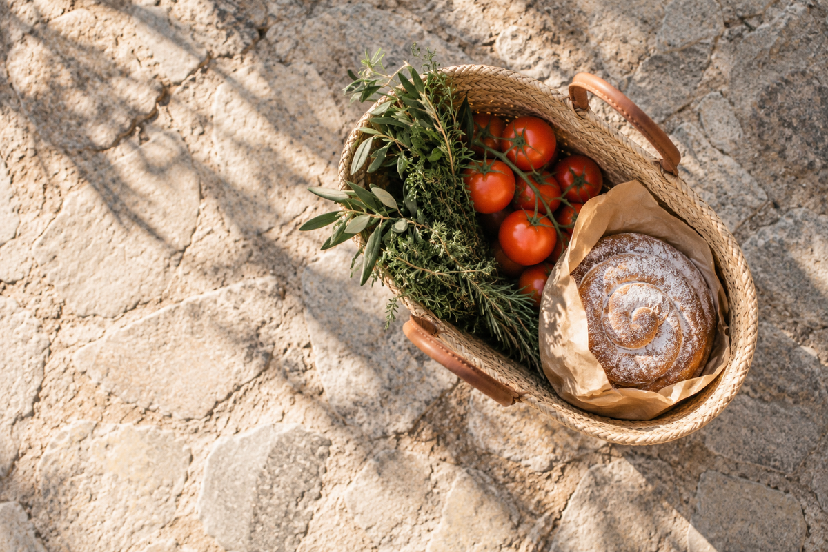 Marktkorb mit Tomaten, Kräutern und Ensaïmada auf altem Steinpflaster – Wochenmarkt auf Mallorca