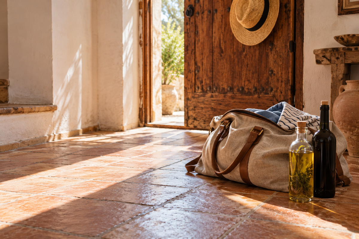 Gepackte Leinentasche mit Wein und Hierbas in der Diele einer Finca