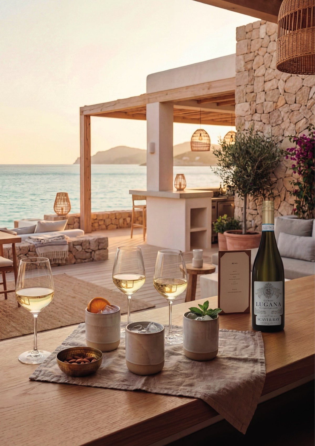 Weißwein auf der Terrasse am Meer – WOW BAR Mallorca