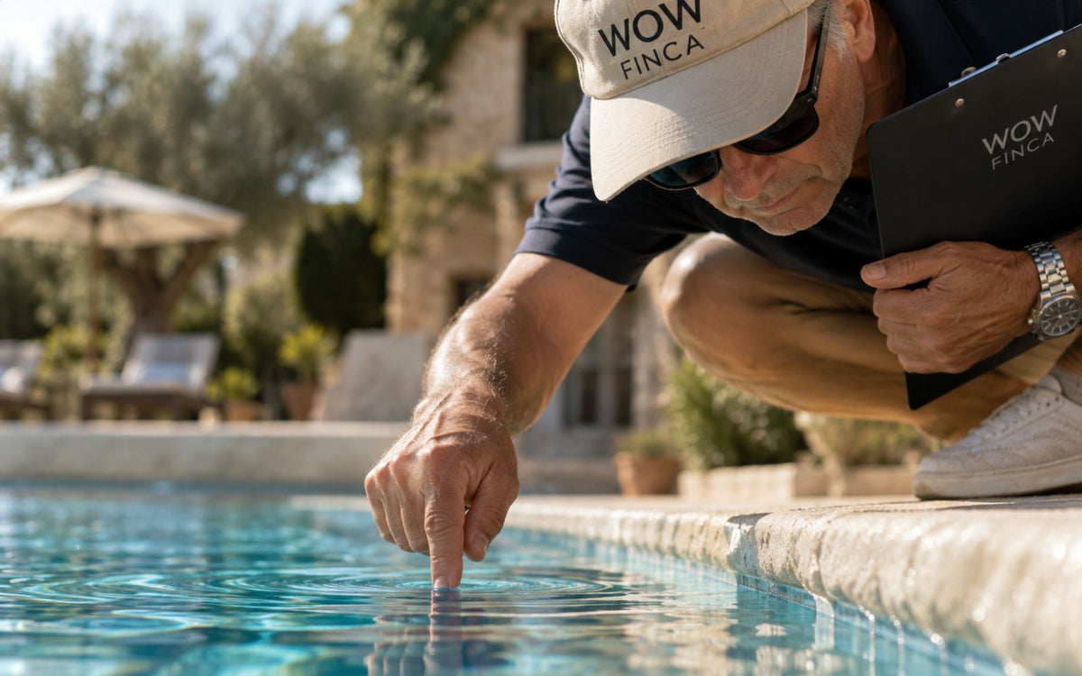     Pool-Test     Gassi kniet am Pool einer Finca auf Mallorca und prüft vorsichtig mit dem Finger die Wassertemperatur. 
