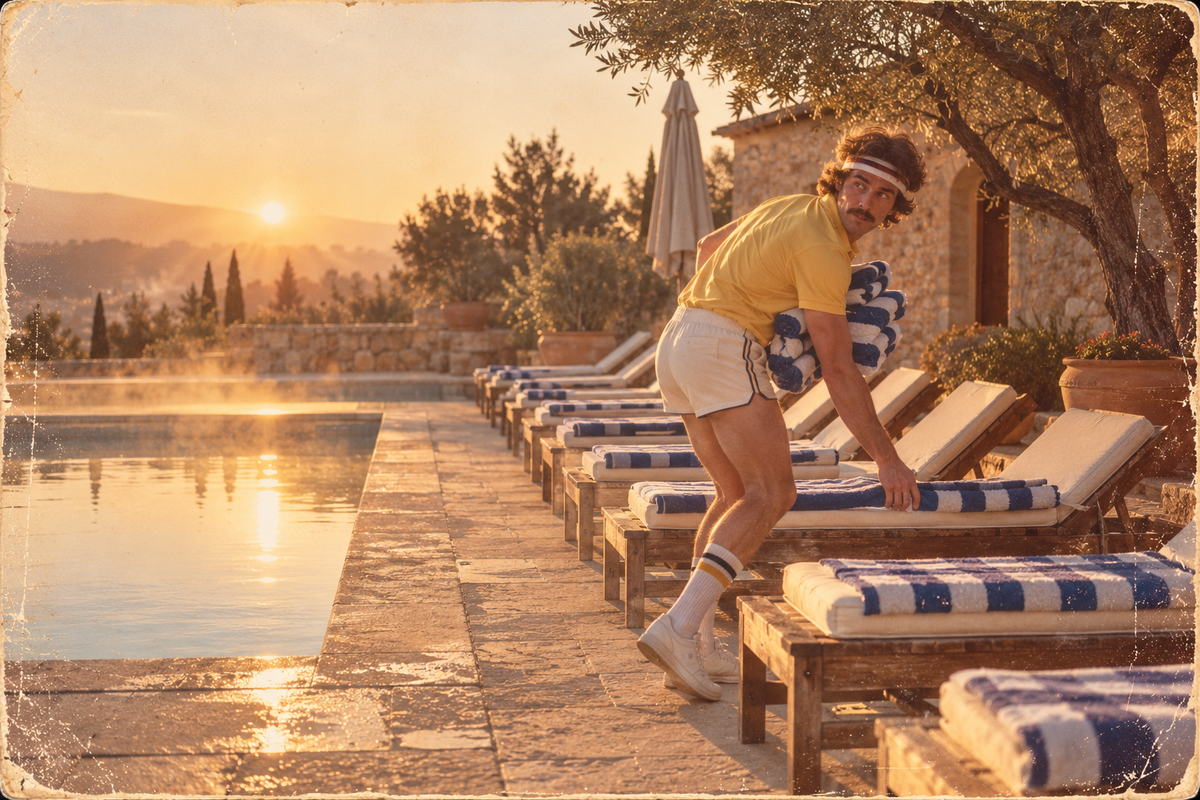 Ein Mann im 70er-Look mit Stirnband legt morgens um sechs auf jede Liege am Finca-Pool ein gestreiftes Handtuch