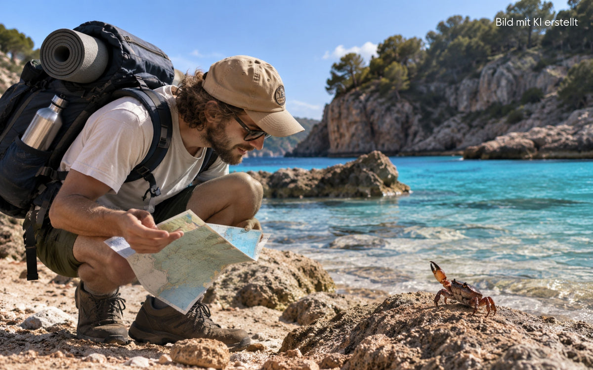 Ein Wanderer mit großem Rucksack und Landkarte spricht an einer felsigen Bucht auf Mallorca mit einer Krabbe, als würde er sie nach dem Weg fragen. Im Hintergrund liegen türkisblaues Meer und bewaldete Felsen.