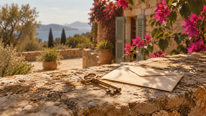 Garten einer Finca auf Mallorca mit Pool, Hängematte und Gästen, die verteilt im Schatten der Olivenbäume sitzen