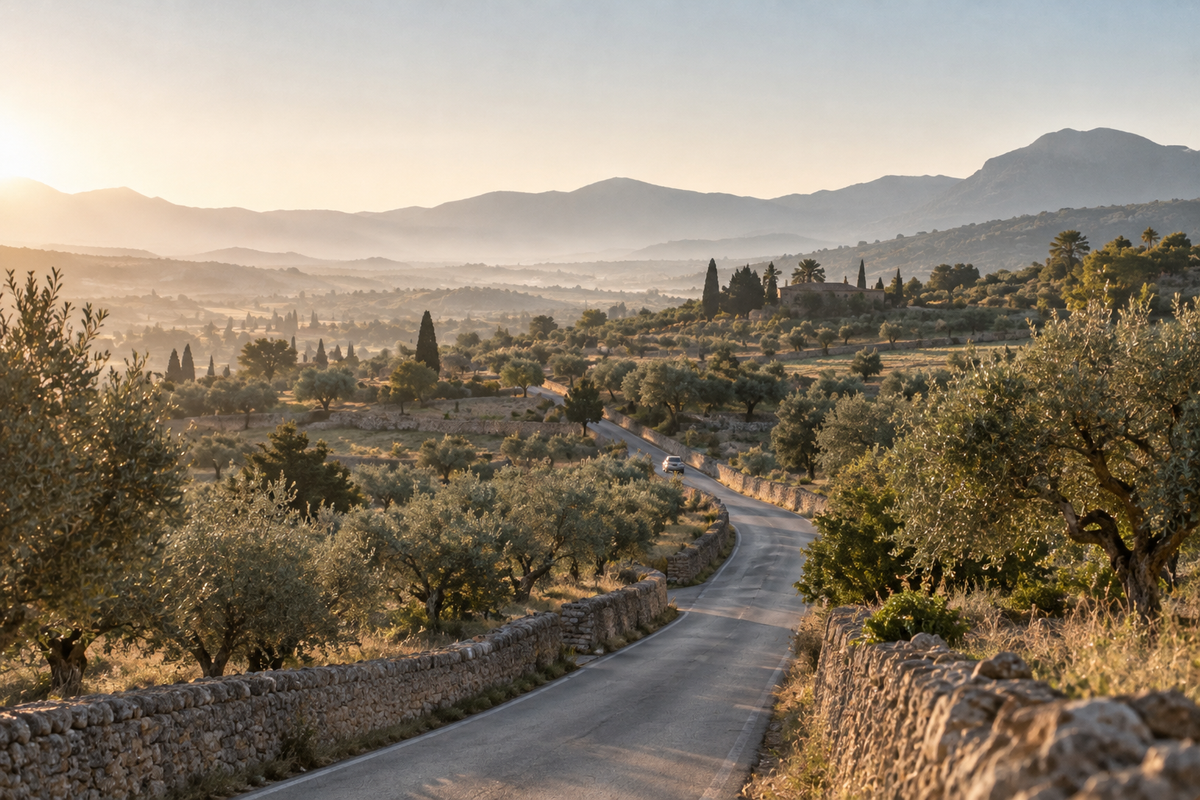Schmale Landstraße zwischen Natursteinmauern und Olivenbäumen auf Mallorca mit einem Auto in der Ferne