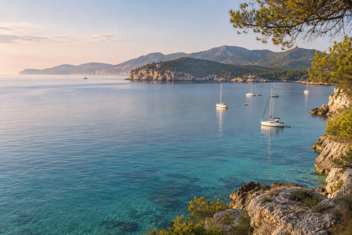 Bucht von Santa Ponsa am frühen Morgen mit Segelbooten