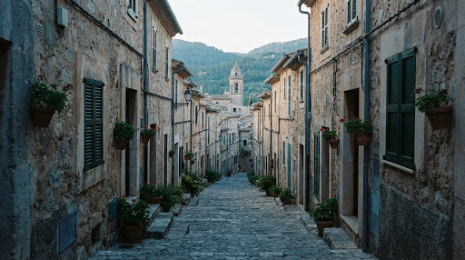 Gasse in der Altstadt von Valldemossa mit Blick zur Kartause