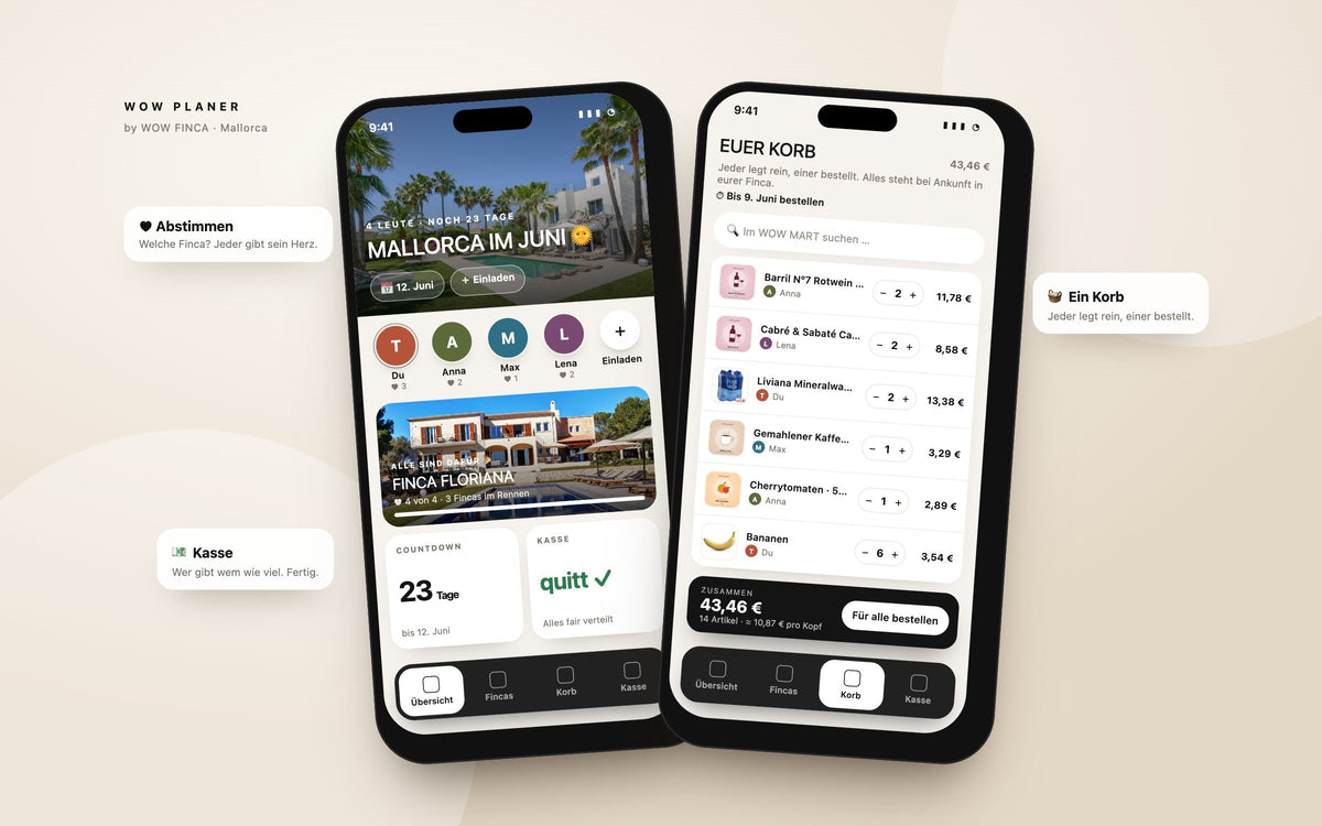 WOW PLANER auf zwei Smartphones: Finca-Abstimmung, Countdown, Gruppenkasse und gemeinsamer WOW MART Gruppen-Korb