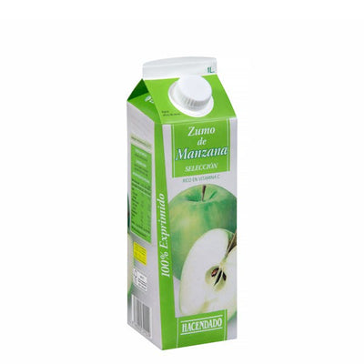 Tetrapack Apfelsaft der Marke Hacendado mit der Aufschrift „Zumo de manzana“, 1-Liter-Packung Apfelsaft.