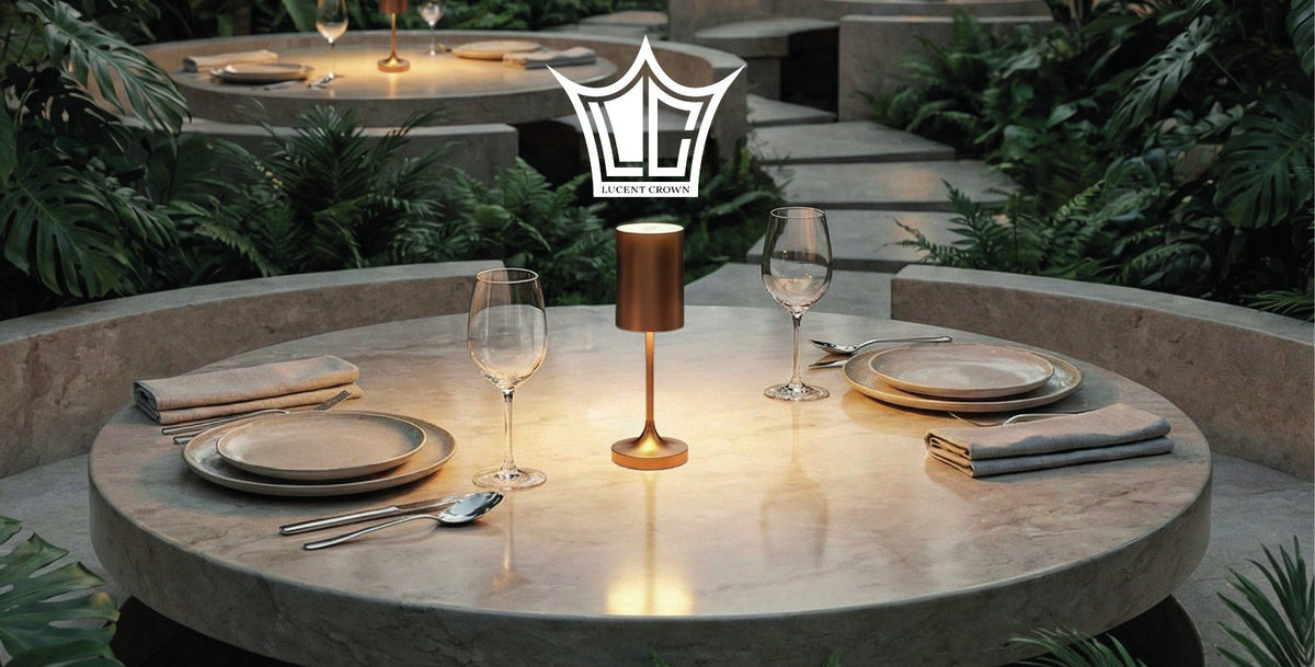 Kabellose Tischlampe auf dem gedeckten Tisch – Lucent Crown Mallorca