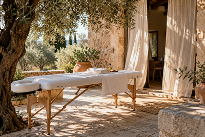 Physiotherapeutin bereitet die Behandlung auf der Terrasse einer Finca auf Mallorca vor